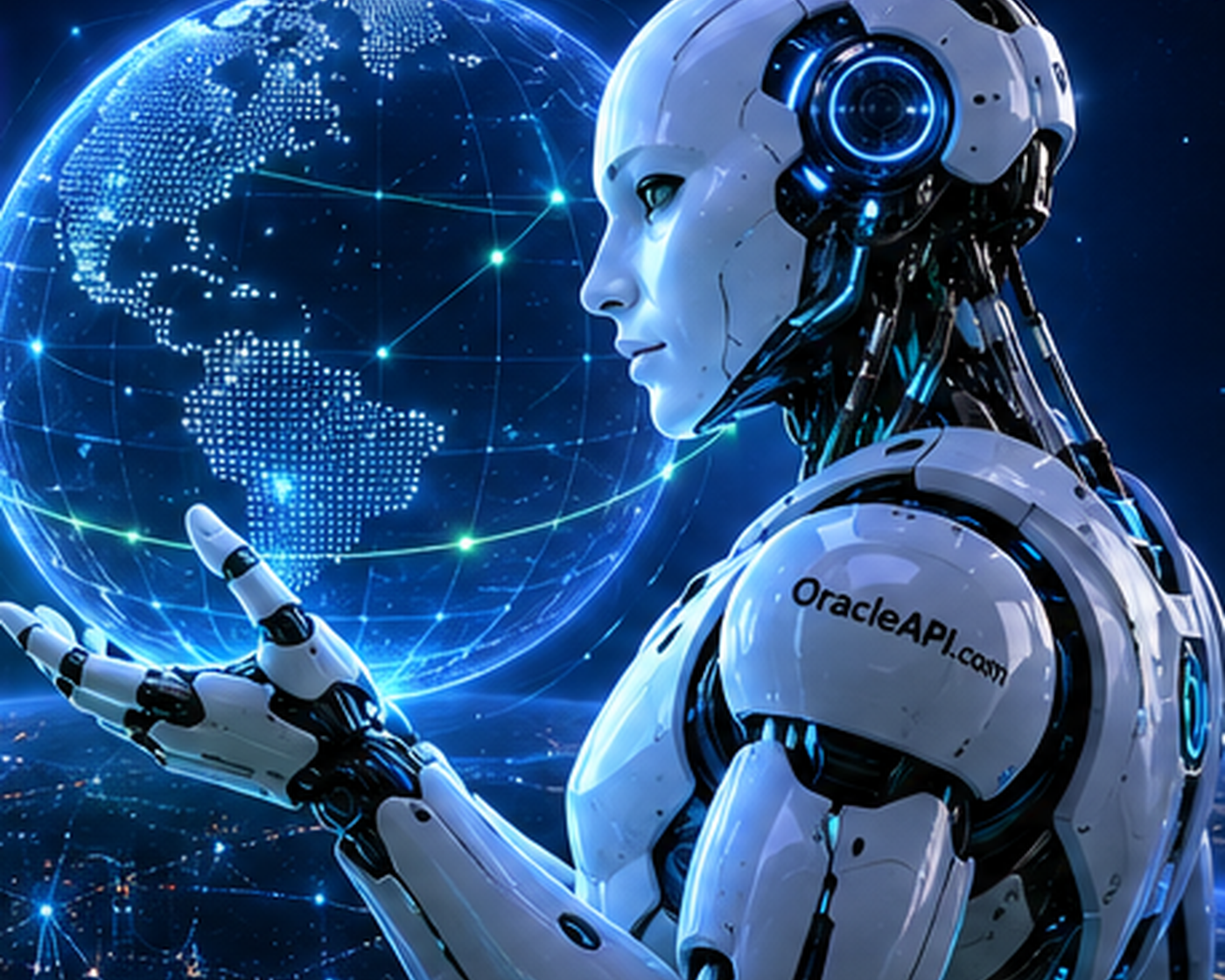 OracleAPI.com robot beside a connected digital globe, illustrating a queryable source of real-world information.